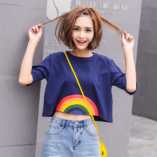 Load image into Gallery viewer, Rainbow Print Harajuku Style Crop Top Shirt-women-wanahavit-Navy-One Size-wanahavit
