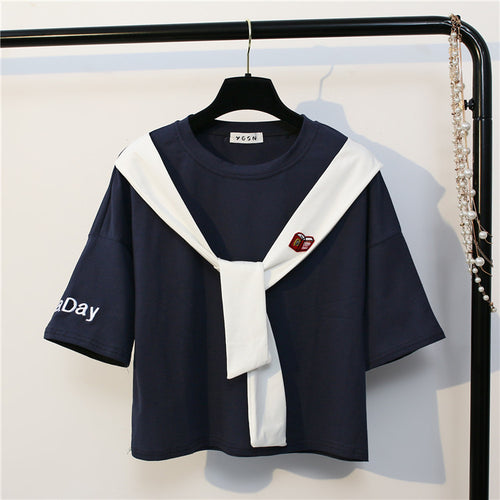Load image into Gallery viewer, Sailor Tie Bow Patchwork Embroidery Tees-women-wanahavit-navyblue-One Size-wanahavit
