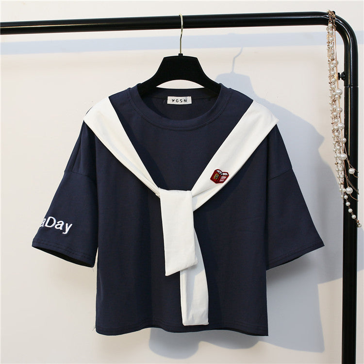 Sailor Tie Bow Patchwork Embroidery Tees-women-wanahavit-navyblue-One Size-wanahavit