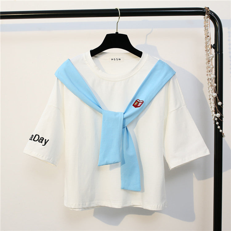 Sailor Tie Bow Patchwork Embroidery Tees-women-wanahavit-White-One Size-wanahavit