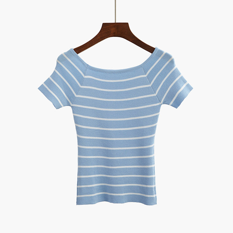 Slim Fit Striped Crochet Shirt-women-wanahavit-Blue-One Size-wanahavit