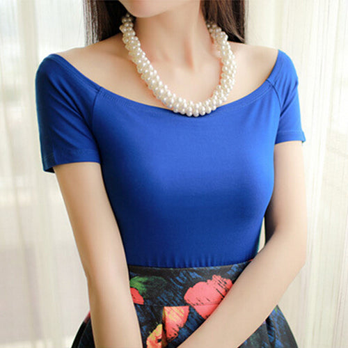 Load image into Gallery viewer, Sexy Off The Shoulder Solid Color Shirt-women-wanahavit-blue short sleeve-S-wanahavit
