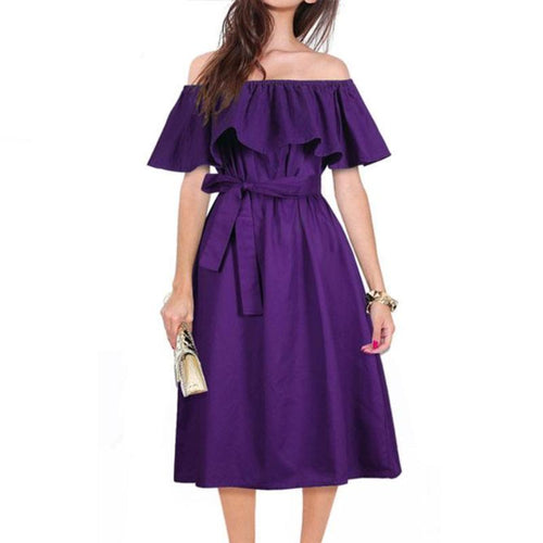 Load image into Gallery viewer, Ruffle Sexy Off Shoulder Dress with Bow Belt-women-wanahavit-Purple-One Size-wanahavit
