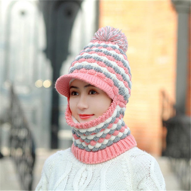 Windproof Keep Thick Pompoms Balaclava Outdoor Knitted Woolen Warm Winter Cap
