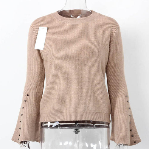 Load image into Gallery viewer, Knitted Solid Color Flare Long Sleeve Sweater-women-wanahavit-Apricot-One Size-wanahavit
