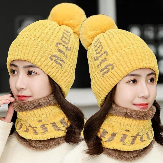 Yifan Letter Plus Velvet Pompoms Ball Outdoor Knitted Woolen Warm Winter Cap