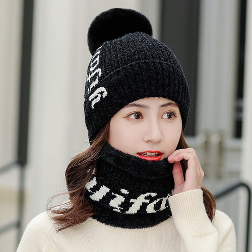 Load image into Gallery viewer, Yifan Letter Plus Velvet Pompoms Ball Outdoor Knitted Woolen Warm Winter Cap
