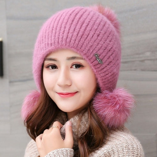 Load image into Gallery viewer, Warm Hat Women Rabbit Fur Lined Pompoms Outdoor Knitted Woolen Warm Winter Cap
