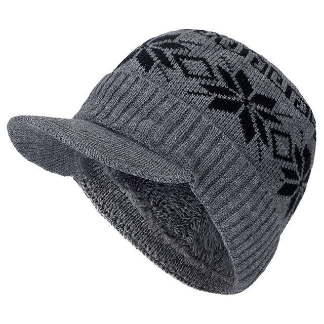 With Brim Stylish Add Fur Lined Soft Beanie Outdoor Knitted Woolen Warm Winter Cap