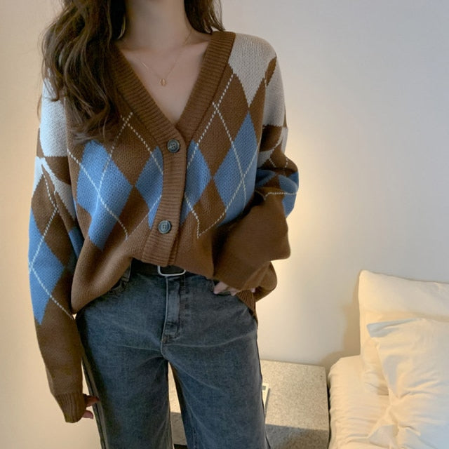 Oversize Autumn Winter Fashion Vintage  Plaid V-Neck Single Breasted Puff Sleeve Loose Cardigan