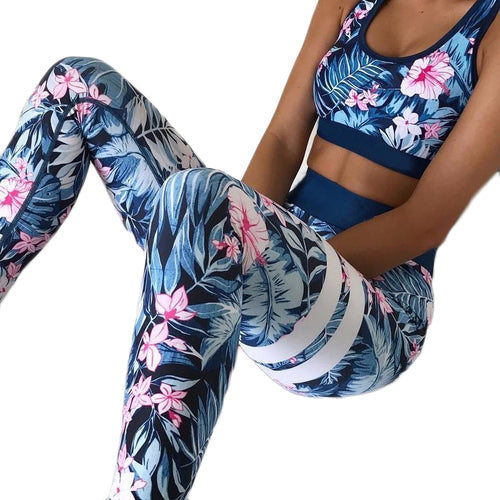 Load image into Gallery viewer, Floral Printed Work Out Set Elastic Legging + Sportsbra-women fitness-wanahavit-Blue-S-wanahavit
