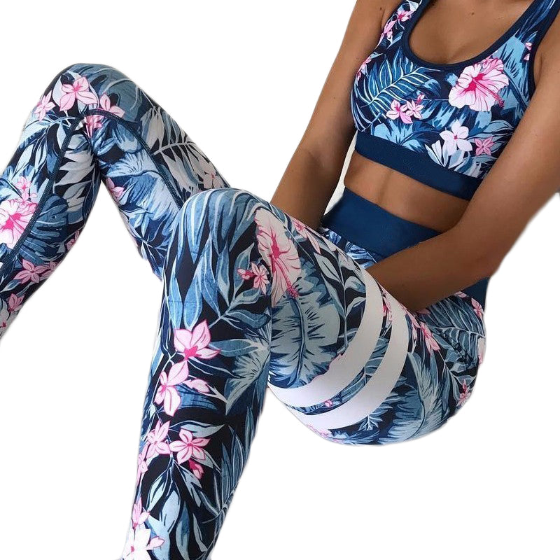 Floral Printed Work Out Set Elastic Legging + Sportsbra-women fitness-wanahavit-Blue-S-wanahavit