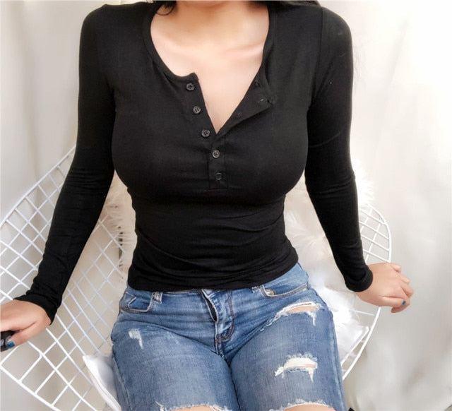 Spring Sexy Elastic Korean Style Skinny Slim Fit Long Sleeve Tops #2081