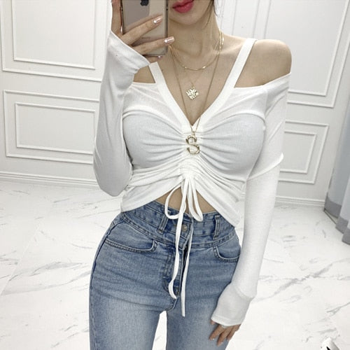 Spring Sexy Lace Up Off Shoulder Slim Fit Long Sleeve