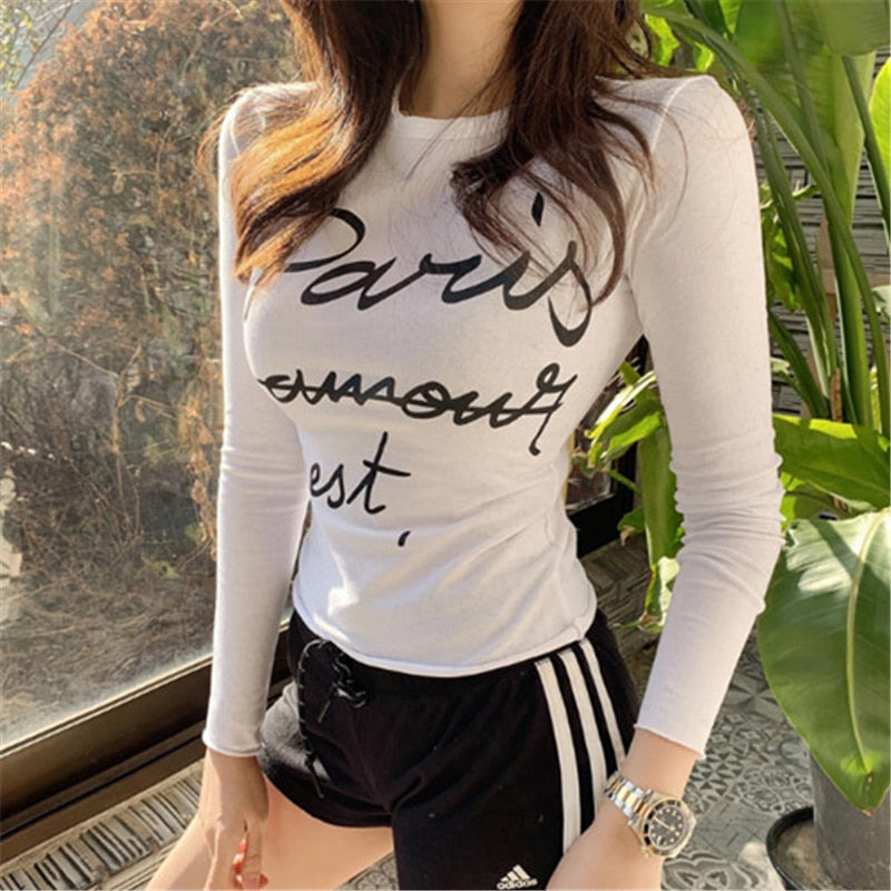 Sexy Elastic Korean Style Paris Printed Slim Fit Long Sleeve Tops