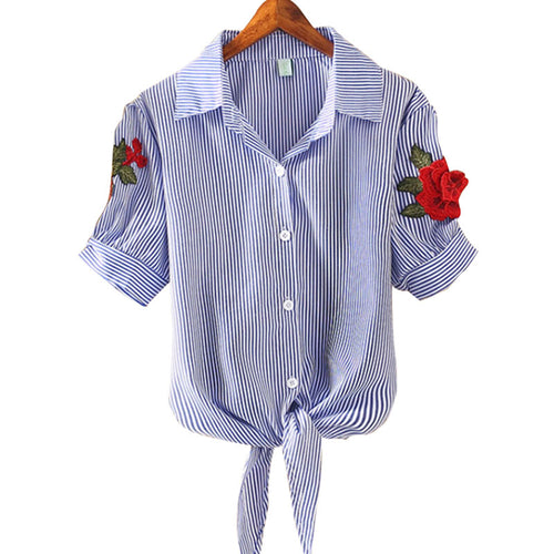 Load image into Gallery viewer, Embroidered Kimono Pinstripe Hem Short Puff Sleeve Blouse-women-wanahavit-XM365deep blue-S-wanahavit
