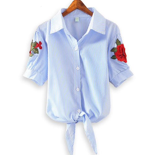 Load image into Gallery viewer, Embroidered Kimono Pinstripe Hem Short Puff Sleeve Blouse-women-wanahavit-XM365light blue-S-wanahavit
