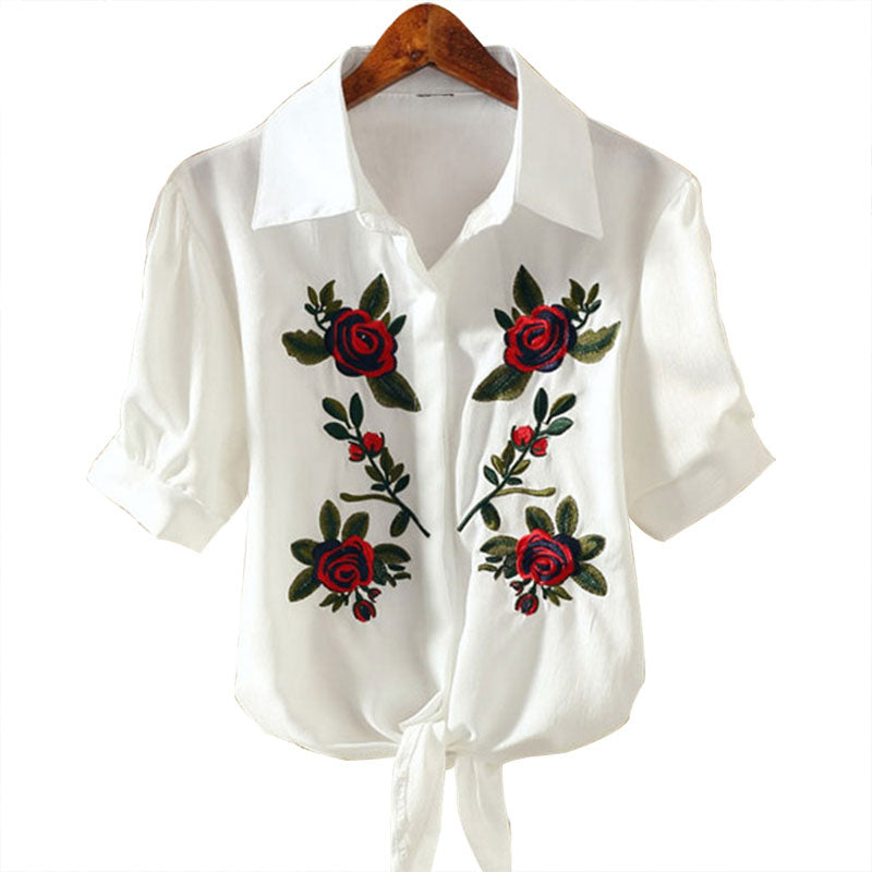 Embroidered Kimono Pinstripe Hem Short Puff Sleeve Blouse-women-wanahavit-XM6688white rose-S-wanahavit