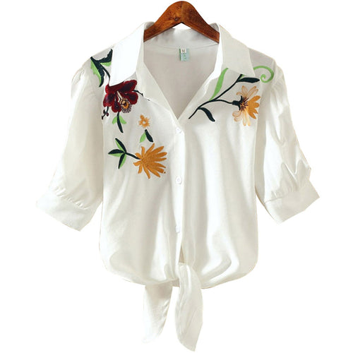 Load image into Gallery viewer, Embroidered Kimono Pinstripe Hem Short Puff Sleeve Blouse-women-wanahavit-XM6688chrysan white-S-wanahavit

