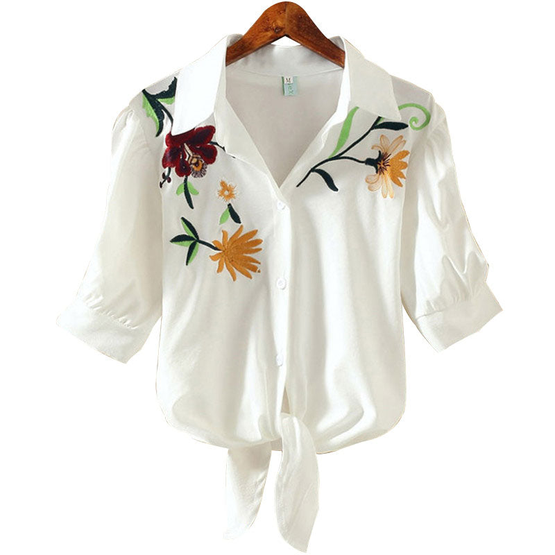 Embroidered Kimono Pinstripe Hem Short Puff Sleeve Blouse-women-wanahavit-XM6688chrysan white-S-wanahavit