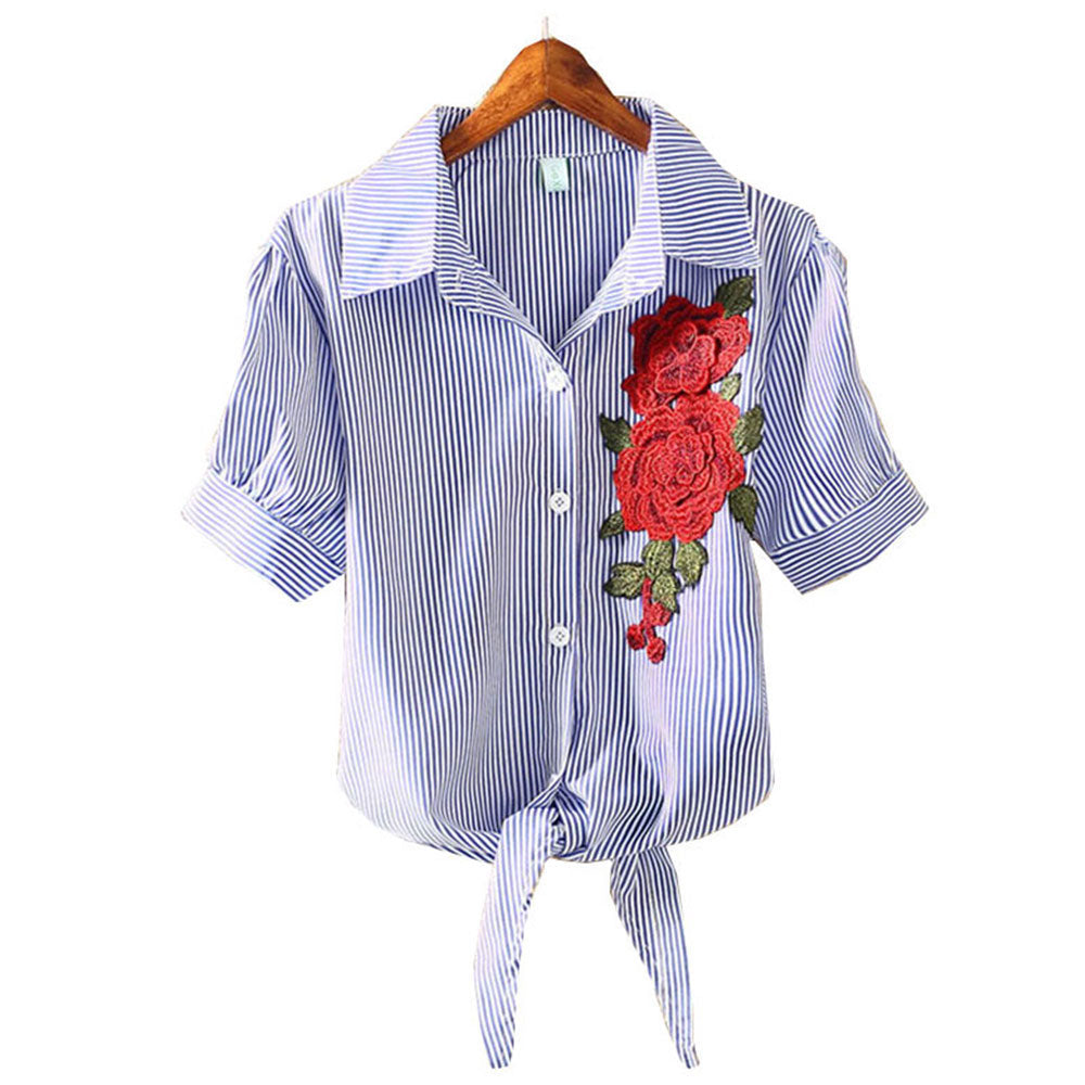 Embroidered Kimono Pinstripe Hem Short Puff Sleeve Blouse-women-wanahavit-XM370deep blue-S-wanahavit