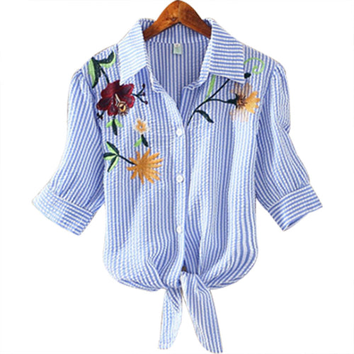 Load image into Gallery viewer, Embroidered Kimono Pinstripe Hem Short Puff Sleeve Blouse-women-wanahavit-XM6688chrysan blue-S-wanahavit
