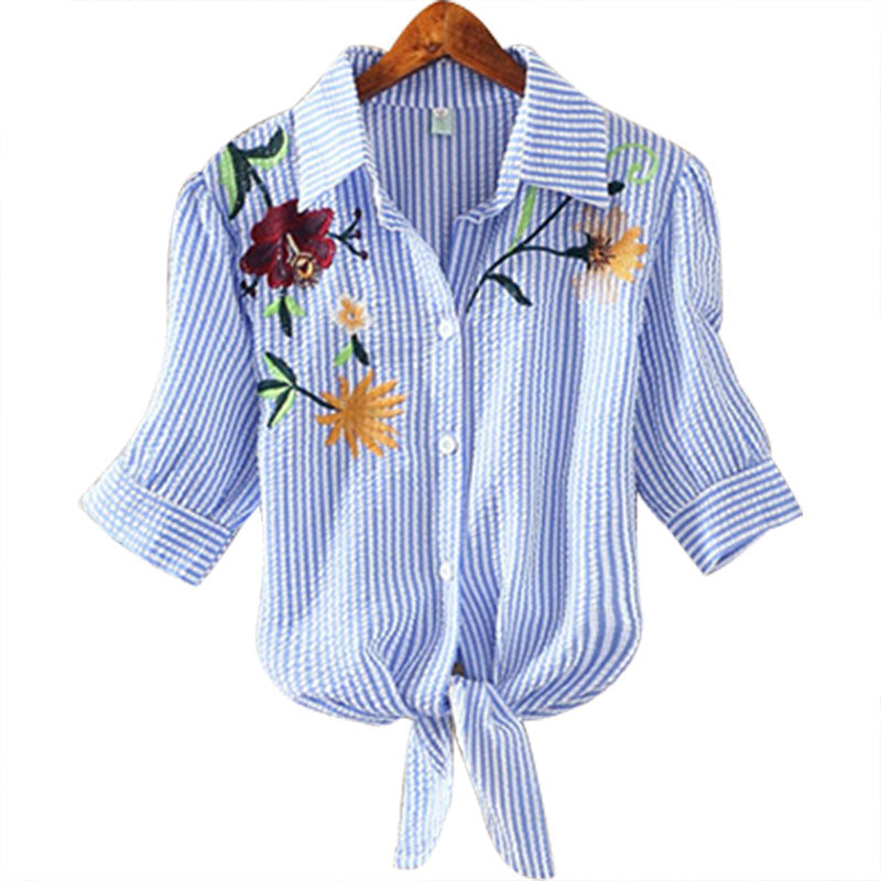 Embroidered Kimono Pinstripe Hem Short Puff Sleeve Blouse-women-wanahavit-XM6688chrysan blue-S-wanahavit