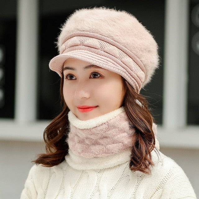Rabbit Fur Thick Triangle Design Outdoor Knitted Woolen Warm Winter Cap