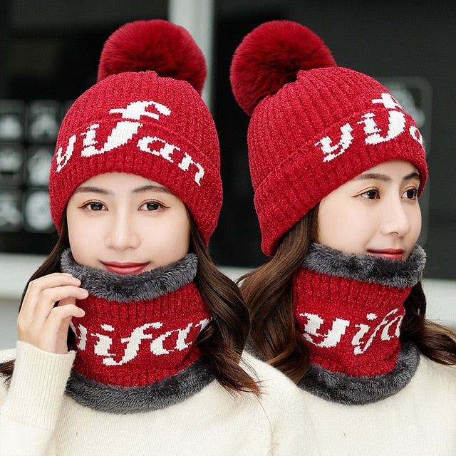 Chenille Plus Velvet All-match Pompoms Outdoor Knitted Woolen Warm Winter Cap