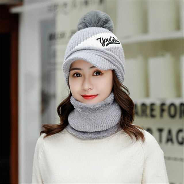 Brim Fashion Plus Velvet Woolen Outdoor Knitted Warm Winter Cap