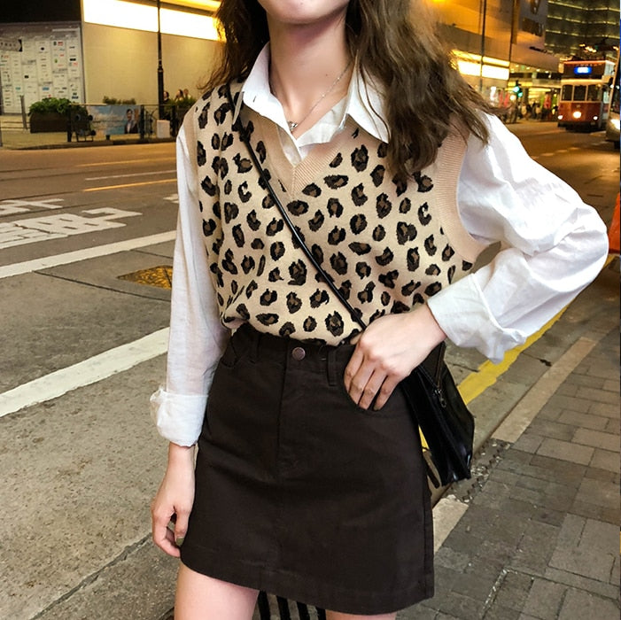 Leopard Vintage Oversize Pullovers Sleeveless Vest