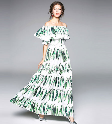 Beans Print Off Shoulder Ruffle Long Dress-women-wanahavit-Green-XXL-wanahavit