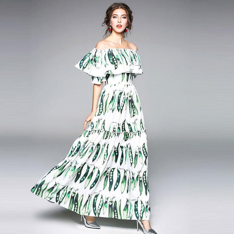 Beans Print Off Shoulder Ruffle Long Dress-women-wanahavit-Green-XXL-wanahavit