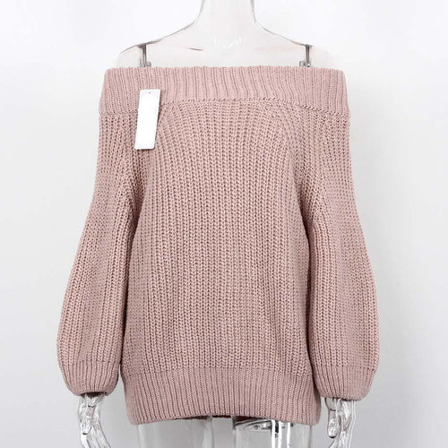 Load image into Gallery viewer, Off Shoulder Slash Neck Long Sleeve Sweater-women-wanahavit-Pink-One Size-wanahavit
