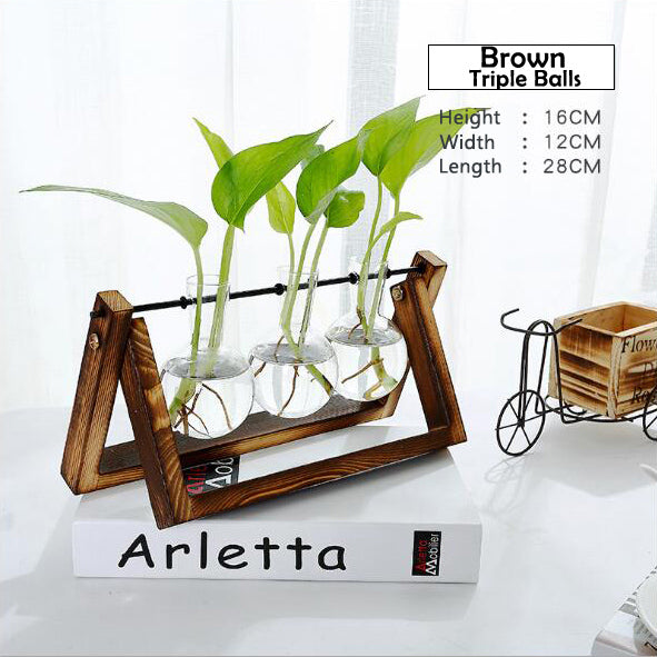 Transparent Glass Decorative Vase with Wooden Tray-home accent-wanahavit-Brown 2-wanahavit