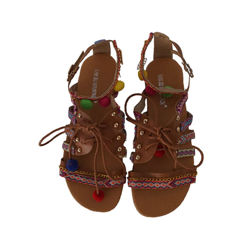 Load image into Gallery viewer, Ethnic Bohemian Gladiator Pompon Strappy Sandals-women-wanahavit-as photo-4-wanahavit
