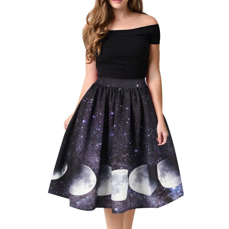 Moon Print High Waist Midi Knee Length Skirts-women-wanahavit-as picture-S-wanahavit