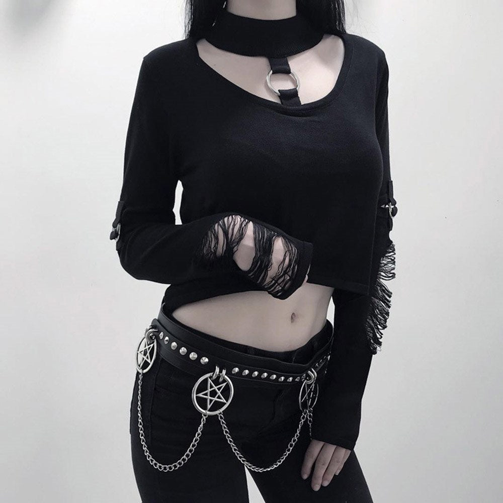 Gothic Hollow Out Slim Fit Crop Top Long Sleeve for women - wanahavit