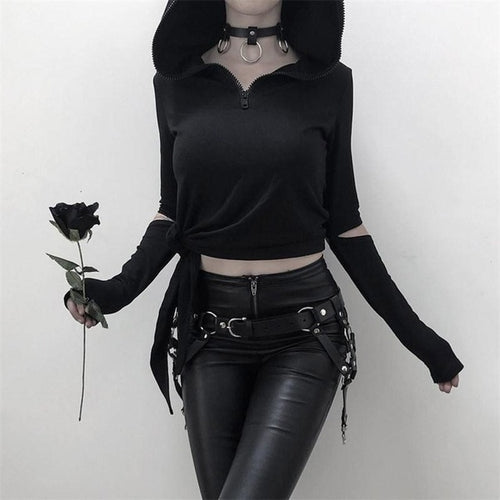 Load image into Gallery viewer, Sexy Gothic Punk Hollow Lace Up Hooded Long Sleeve-women-wanahavit-Black-M-wanahavit
