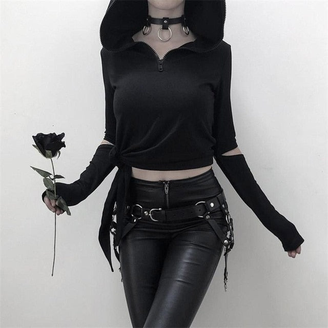 Sexy Gothic Punk Hollow Lace Up Hooded Long Sleeve-women-wanahavit-Black-M-wanahavit