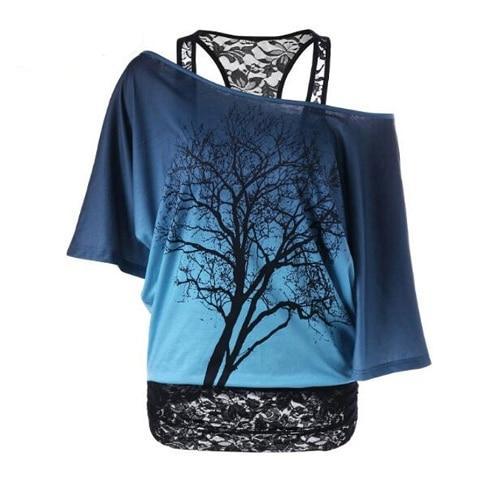 Load image into Gallery viewer, Lace Collared Tree Printed Half Sleeve Shirt-women-wanahavit-Blue-M-wanahavit
