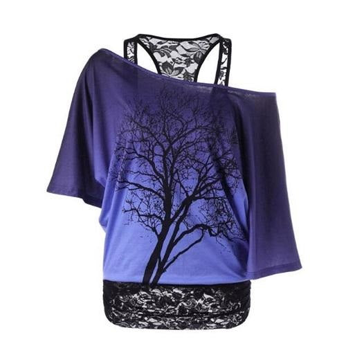 Load image into Gallery viewer, Lace Collared Tree Printed Half Sleeve Shirt-women-wanahavit-Purple-M-wanahavit

