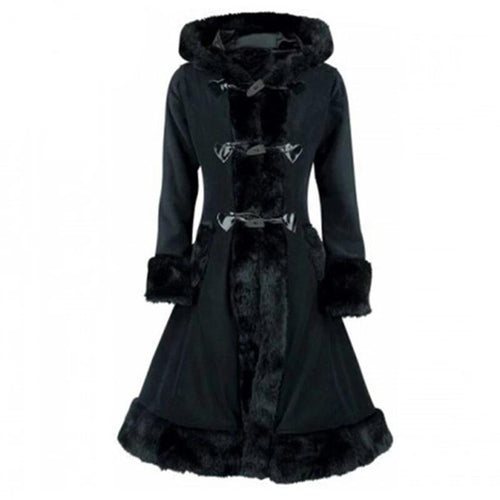 Load image into Gallery viewer, Black Flocking Winter Overcoat Hooded Vintage Gothic Trench Coat-women-wanahavit-Black-M-wanahavit
