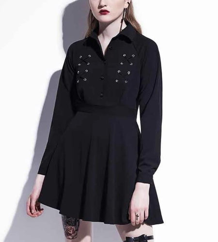 Black Sexy Lace Up Autumn Casual A-Line Button Lapel Gothic Mini Dress-women-wanahavit-Black-S-wanahavit
