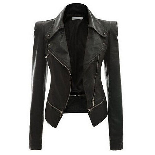 Load image into Gallery viewer, Gothic Punk Lapel Collar Slim Black Zipper PU Leather Jacket-women-wanahavit-Black-S-wanahavit
