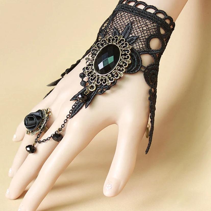 Gothic Retro Ring Charm Lace Leaf Crystal Ribbon Rose Finger Chain Victorian Bracelet-women fashion-wanahavit-wanahavit