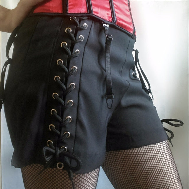 Gothic Sexy Club Lace Up High Waist Zipper Shorts-women-wanahavit-Black-S-wanahavit