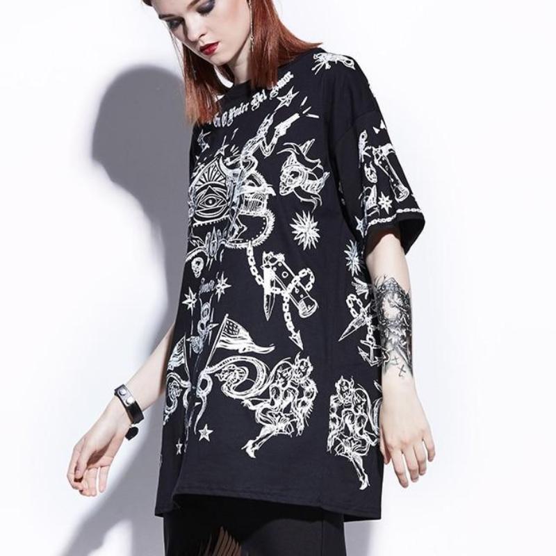 Gothic Skull Printed Loose Tees for women - wanahavit