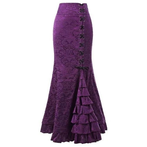 Load image into Gallery viewer, Vintage Asymmetric Floral Print Patchwork Lace-Up High Waist Gothic Long Skirts-women-wanahavit-Purple-M-wanahavit
