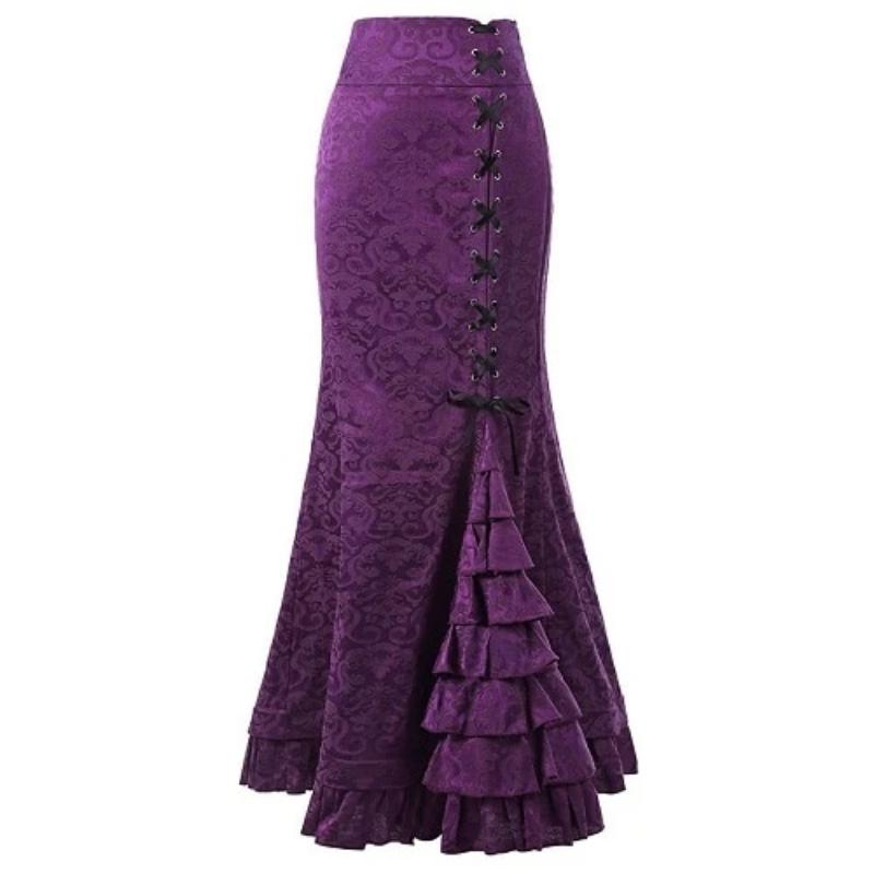 Vintage Asymmetric Floral Print Patchwork Lace-Up High Waist Gothic Long Skirts-women-wanahavit-Purple-M-wanahavit